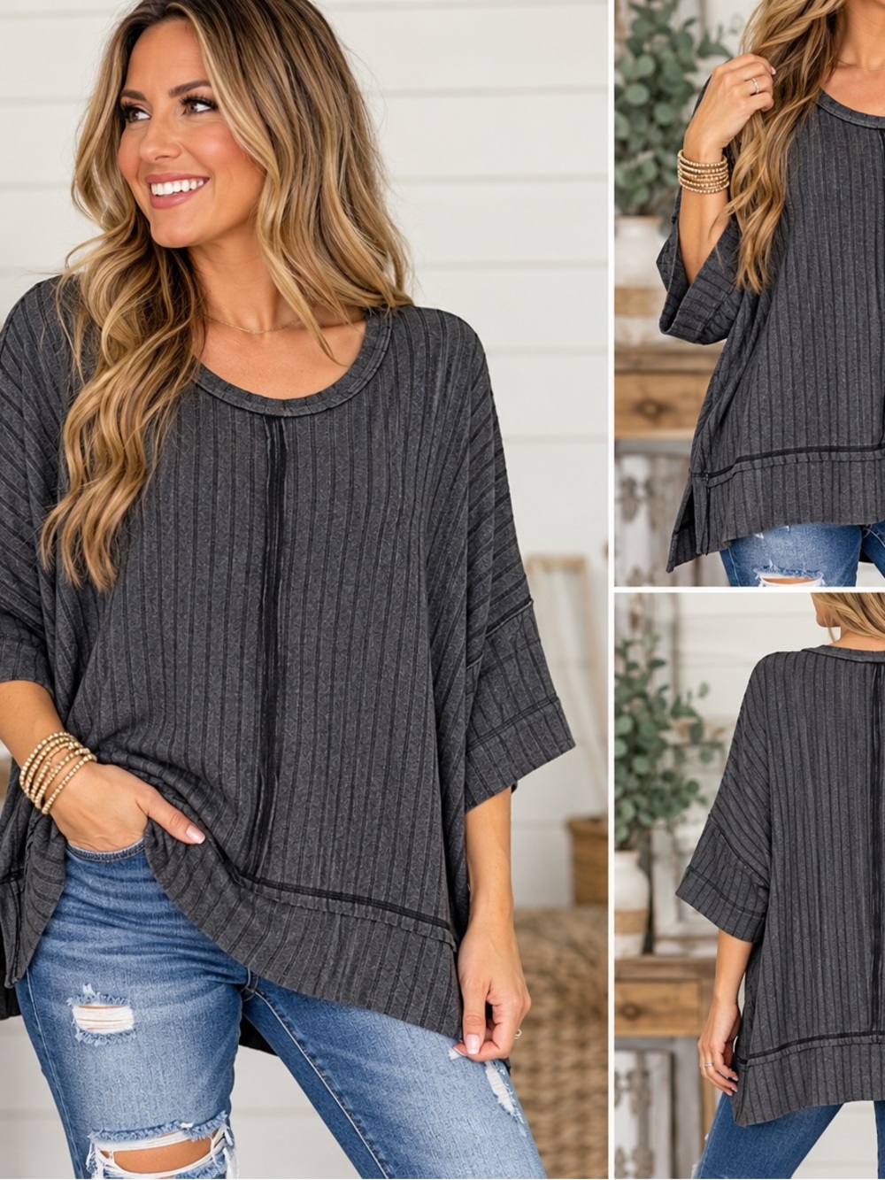 Zenana Outfitters Charcoal Ribbed Oversized Tunic